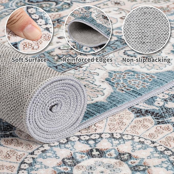 Foxmas Hallway Runner Rug, 2x6 Vintage Kitchen Runner Area Rugs Non Skid Washable, Low Pile Throw Rugs with Rubber Backing Carpet for Laundry Room Entryway Bedroom Home Decor, Blue