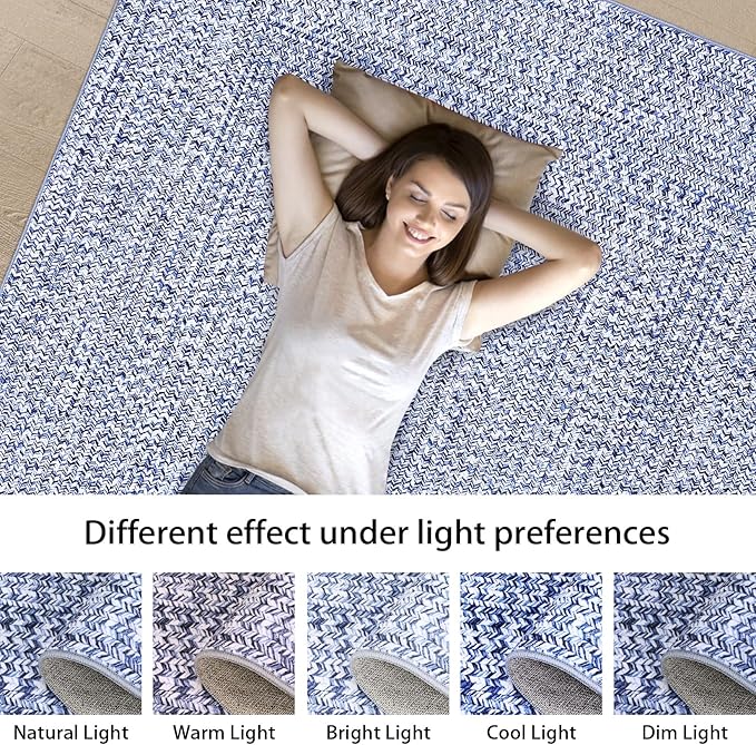 Washable Rug 9x12 Area Rug for Bedroom Printed Braided Modern Living Room Rug Soft Large Area Rug Non Slip Throw Rugs Stain Resistant Carpet for Nursery Dining Room Office 9'x12' Light Blue