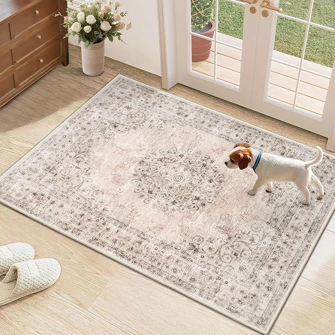 2x3 Area Rugs for Entryway: Washable Vintage Rug Indoor Soft Non-Slip Distressed Doormat for Bedroom Bathroom Kitchen Home Office (Brown, 2'x3')