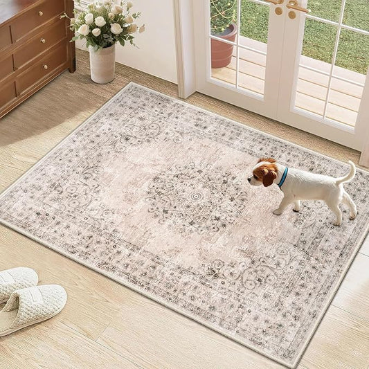 2x3 Area Rugs for Entryway: Washable Vintage Rug Indoor Soft Non-Slip Distressed Doormat for Bedroom Bathroom Kitchen Home Office (Brown, 2'x3')