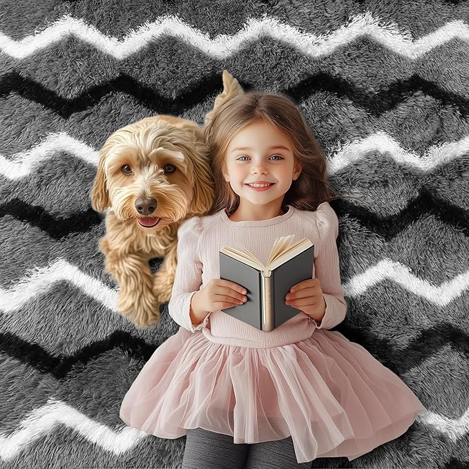 RUGTUDER Washable Fluffy Rugs for Living Room, 5x8 Fuzzy Plush Soft Shag Striped Rug, Large Shaggy Floor Carpets Chevron Geometric Rug for Bedroom Playroom Boys Kids Room Dorm Decor, Black Grey White