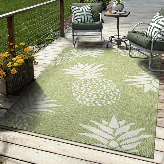 LR Home 8 x 10 Indoor / Outdoor Area Rug for Home Decor | Coastal Pineapples large size carpet for living room, bedroom, playroom, patio, garden | Modern farmhouse rug | Dark Green / Beige