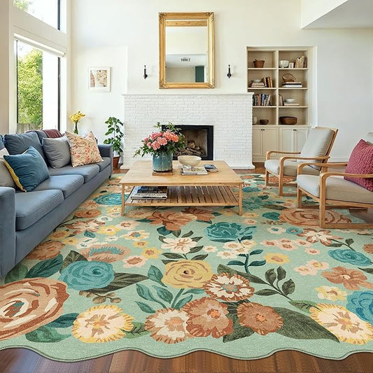 Washable Floral Area Rug 8x10 Green Living Room Large Carpet Bedroom Scalloped Flower Non Slip Soft Throw Rug Farmhouse Low Pile Thin Indoor Floor Cover for Dining Room Office