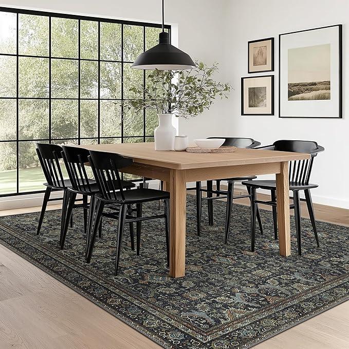 10X12 Area Rugs Machine Washable Rugs for Living Room, Vintage Boho Large Rugs for Bedroom Dining Room, Non Slip Indoor Soft Distressed Lightweight Thin Low Pile Carpet, Black