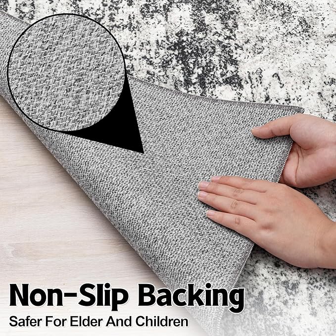 10x14 Area Rugs Living Room Rugs: Large Washable Rug with Anti-Slip Backing Non-Shedding Stain-Resistant Soft Abstract Carpet for Bedroom Dining Room Nursery Home Office-Black/Gray