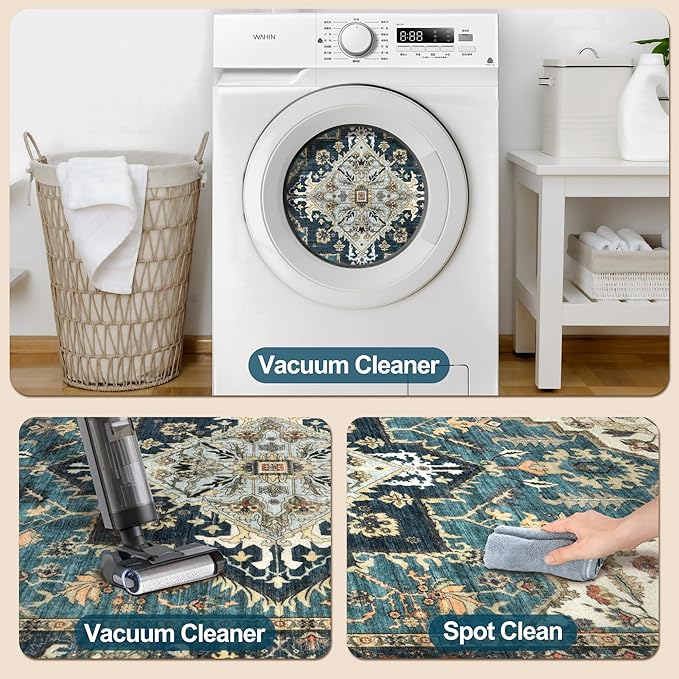 2x3 Washable Rug for Entryway, Vintage Non Slip Small Area Rug, Indoor Front Door Rug, Print Distressed Blue/Beige, Soft Low Pile Rugs for Entrance Kitchen Bedroom Bathroom
