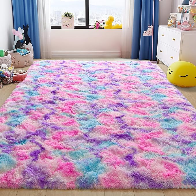 Tepook Soft Rainbow Rug for Girls Room 6x9 Feet, Cute Fluffy Girls Bedroom Area Rug, Shaggy Princess Rug Colorful Carpet for Kids Teens Toddler Playroom Nursery Reading Nook, Hot Pink