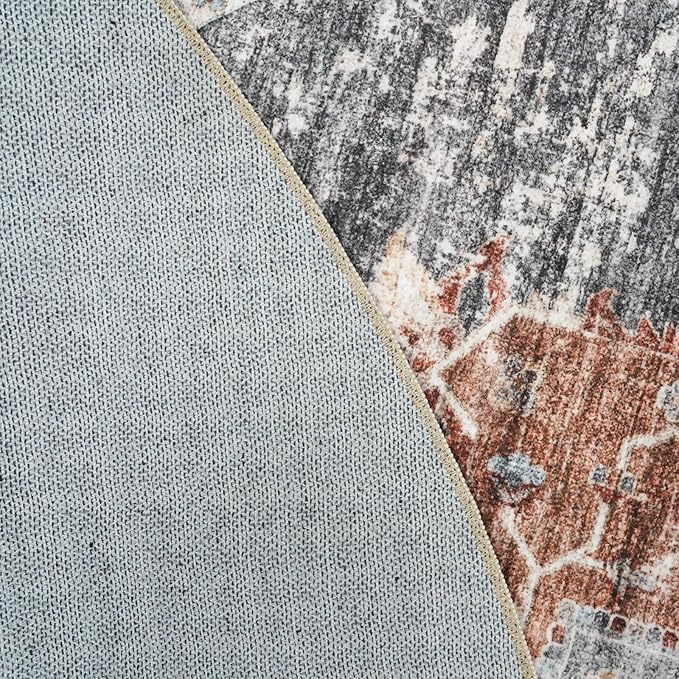 RUUGME Washable 9 ft Round Area Rug - Large Boho Rugs for Living Room Stain Resistant Carpet Vintage Tribal Rugs for Bedroom Kitchen Bathroom with Non Slip Backing Decor Floor Mat 9ft Brick