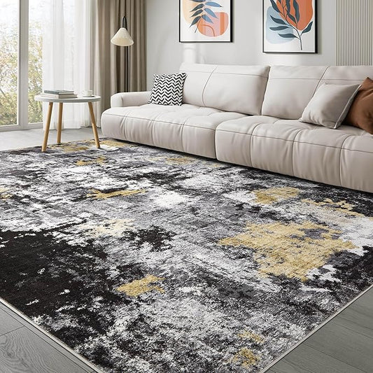 Washable Rug 8x10 Area Rugs for Living Room: Modern Abstract Neutral Soft Large Rug for Bedroom Dining Room Under Kitchen Table Home Office Decor - Black Gold