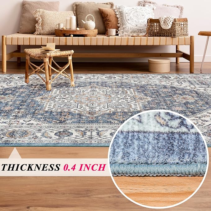 Vintage Area Rug, 2x3 Washable Rugs for Living Room Bedroom Entryway Indoor Door mat, Distressed Boho Country Accent Rugs, Thin Low-Pile Floor Carpet for Kids Pet (Navy/Grey)