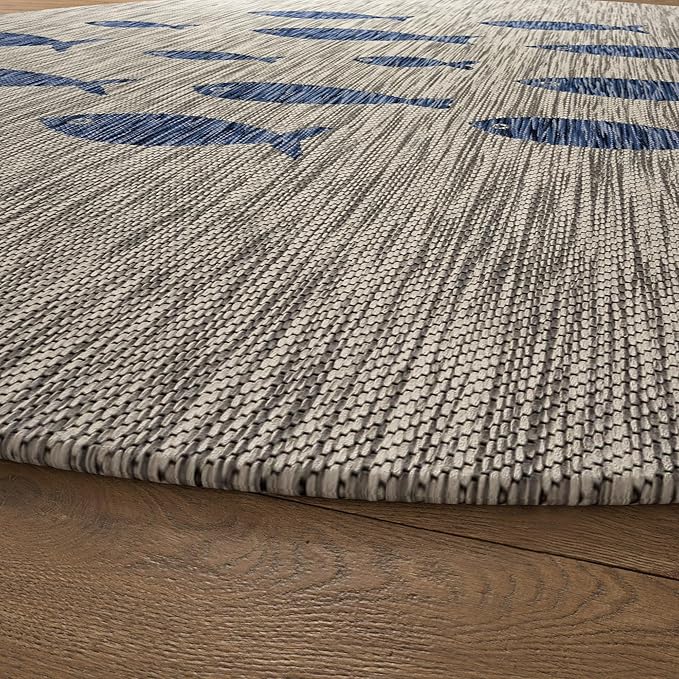 LR Home 5ft Round Indoor/Outdoor Area Rug for Home Decor | Coastal School of Fish Large Size Carpet for Living Room, Bedroom, Playroom, Patio, Garden | Nautical Farmhouse Rug | Gray/Navy