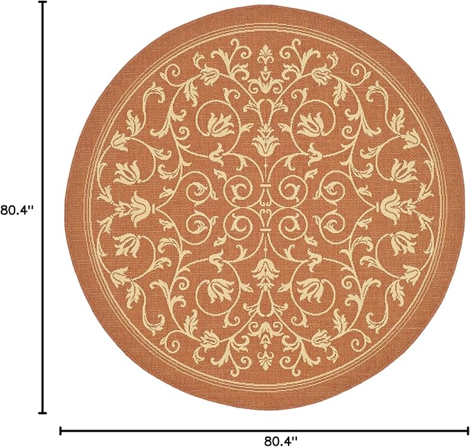 SAFAVIEH Courtyard Collection 6'7" Round Terracotta / Natural CY2098 Scroll Indoor/ Outdoor Splashproof Easy Scrubbing Patio Backyard Mudroom Area Rug