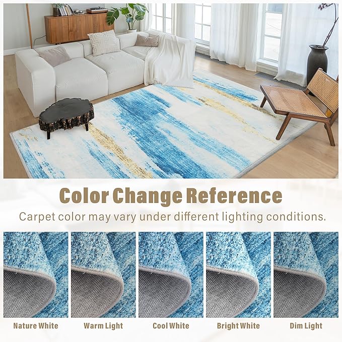 Carvapet Rugs for Living Room, Blue Modern Abstract Low Pile Large Carpet with Rubber Backing, Foldable, Non Slip Machine Washable (12 x 9 Feet Rectangular, Sky Blue Area Rug)