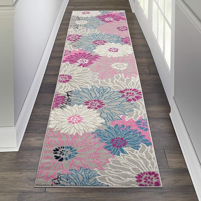 Nourison Passion Grey 2'2" x 10' Area Rug, Floral, Farmhouse, Easy Cleaning, Non Shedding, Bed Room, Living Room, Dining Room, Kitchen, (10' Runner)