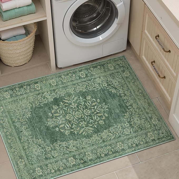 2x3 Area Rug Green Washable Entryway Door Mat Indoor Vintage Medallion Floral Carpet Kitchen Bathroom Distressed Entrance Retro Small Non Slip Accent Throw Bedroom Office Dining Living Room