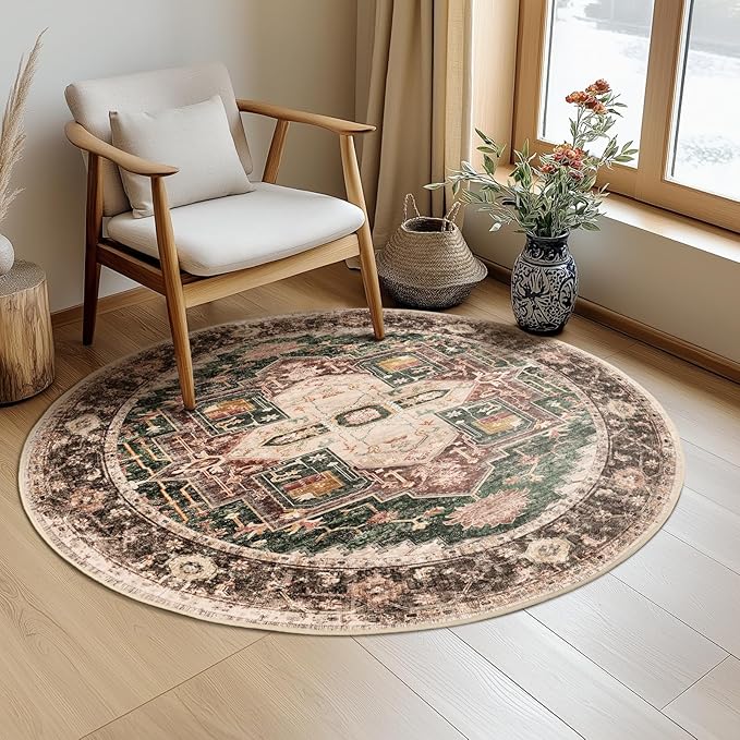 Washable 4ft Area Rugs, Rugs for Living Room, Low-Pile Water&Stain Resistant Carpet Vintage Distressed Printed Non-Slip Carpet for Bedroom Bathroom Kitchen-Green