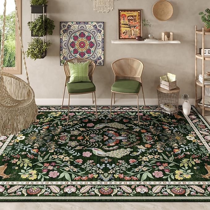 8x10 Area Rugs for Living Room Washable Rug Floral Non-Slip Large Rug for Living Room, Bedroom, Farmhouse, Dining Room, Kids Playroom (Emerald Green)