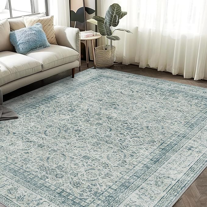 Area Rugs for Living Room 9x12 Machine Washable Rug, Boho Vintage Retro Floral Carpet for Bedroom Dining Room, Low Pile Lightweight Non Slip Rug, Blue