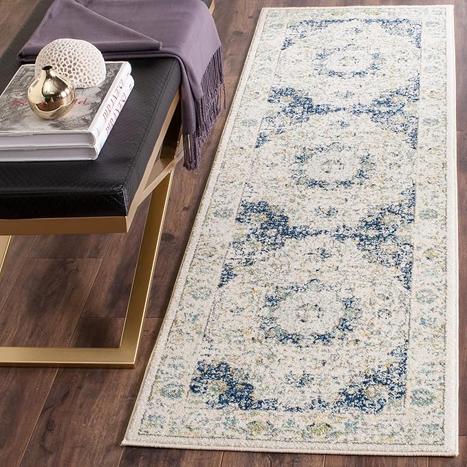 SAFAVIEH Evoke Collection 2'2" x 9' Ivory/Blue EVK220C Shabby Chic Oriental Medallion Non-Shedding Living Room Entryway Foyer Hallway Bedroom Runner Rug