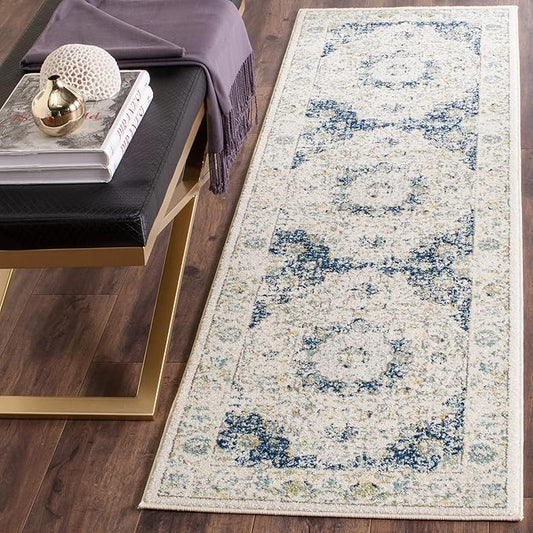 SAFAVIEH Evoke Collection 2'2" x 9' Ivory/Blue EVK220C Shabby Chic Oriental Medallion Non-Shedding Living Room Entryway Foyer Hallway Bedroom Runner Rug