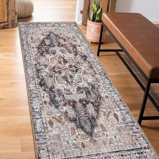 RYB HOME Washable Runner Rug 2x6 for Enterway Hallway, Abstract Distresssed Rug Soft Faux Wool Stain Resistant Non Slip Door Mat Runner for Kitchen Bathroom Laundry, 2x6 ft, Brown