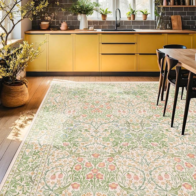 Washable Light Green Rug for Living Room - 9x12 Large Area Rug for Dining Room Under Table, Soft Low Pile Carpet for Bedroom - Vintage Floral, Non-Slip & Stain Resistance (9x12 Beige Green)