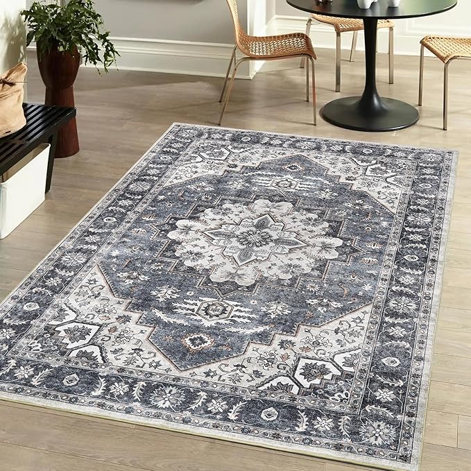 3x5 Area Rugs Washable Boho Rug, Non Slip Carpet for Living Room, Boho Vintage Design Rug, Foldable Soft Low-Pile Rug, Blue/Gray-Brown