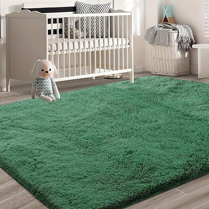 Shag Area Rugs for Bedroom Living Room,5X8 Ultra Soft Fluffy Area Rugs for Dorm,Indoor Carpet Nursery Rugs for Kids Girls Room Home Decor, Dark Green