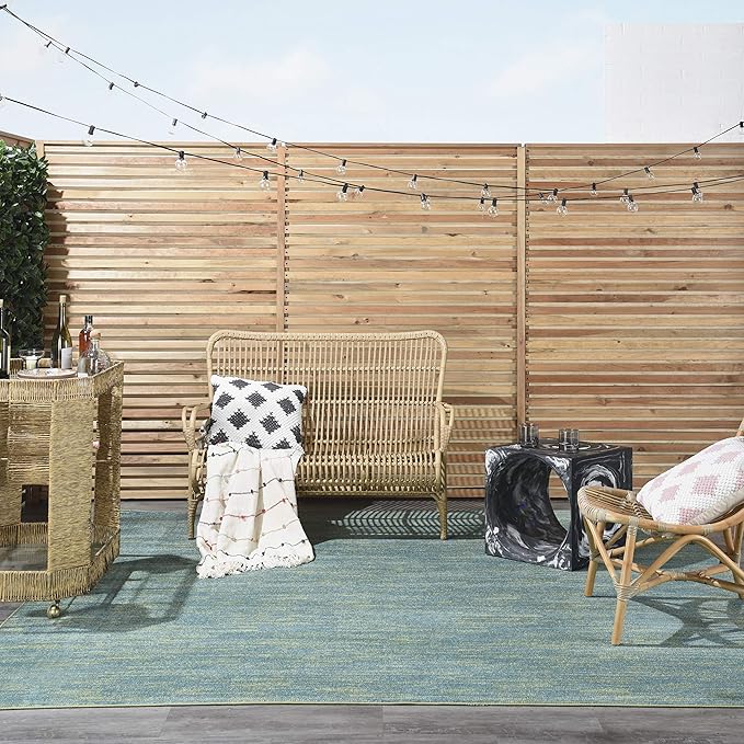 Nourison Essentials Indoor/Outdoor Blue Green 9' x Square Area Rug, Easy Cleaning, Non Shedding, Bed Room, Living Room, Dining Room, Backyard, Deck, Patio (9 Square)