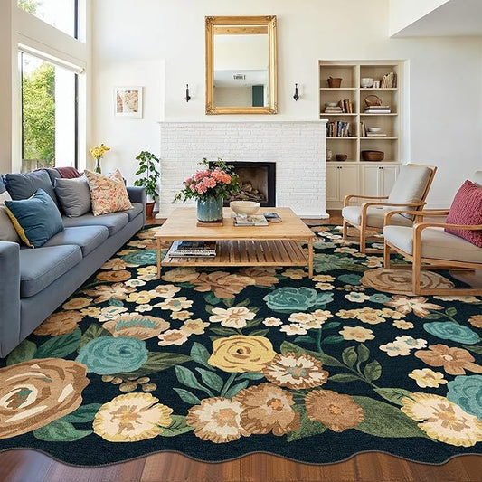 Washable Floral Area Rug 8x10 Black Living Room Large Carpet Bedroom Scalloped Flower Non Slip Soft Throw Rug Farmhouse Low Pile Thin Indoor Floor Cover for Dining Room Office