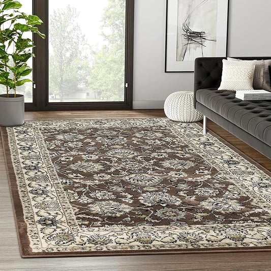 Superior Indoor Area Rug, with Jute Backing, Chic Bordered Floor Decor for Living Room, Bedroom, Office, Entryway, Kitchen, Dining, Floral Design, Lille Collection, 6' x 9', Brown