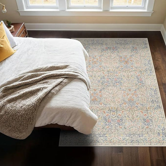 Vintage Washable Dark Green Area Rugs for Living Room, Bedroom, Dining Room, Kitchen, Entryway, Bathroom, Low Pile Non Slip Stain Resistance Distressed Retro Indoor (Beige Blue, 4' x 6')
