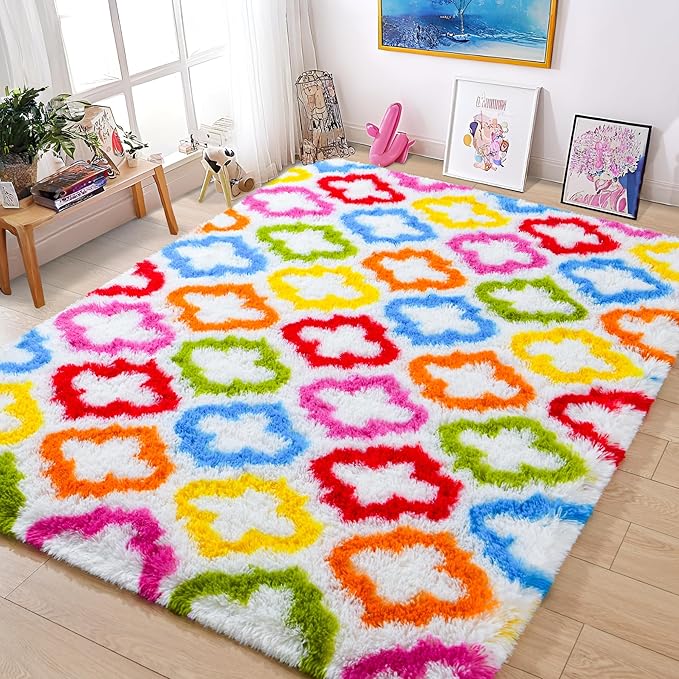 Tepook Fluffy Colorful Rug for Kids, Shaggy Soft Rainbow Area Rugs for Girls Bedroom, Indoor Modern Geometric Moroccan Rugs Plush Girls Kids Rug for Playroom Teens Room Nursery Home Decor, 4 X 6 ft