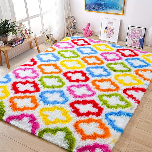 Tepook Fluffy Colorful Rug for Kids, Shaggy Soft Rainbow Area Rugs for Girls Bedroom, Indoor Modern Geometric Moroccan Rugs Plush Girls Kids Rug for Playroom Teens Room Nursery Home Decor, 4 X 6 ft