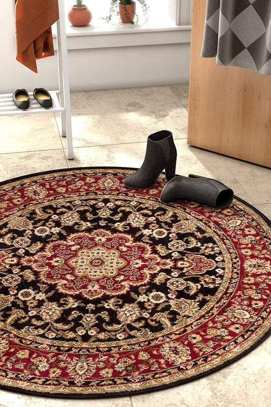Well Woven Barclay Collection Medallion Kashan Black 8 ft Round Rug - for Living Room, Bedroom, and Dining Room