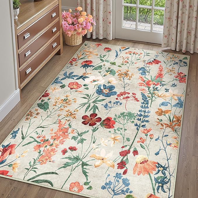 Beige Area Rug 4x6 Office Floral Indoor Door Mat Washable Boho Kitchen Living Room Carpet Non Slip Bedroom Low Pile Lightweight Throw Rug for Dining Room Farmhouse