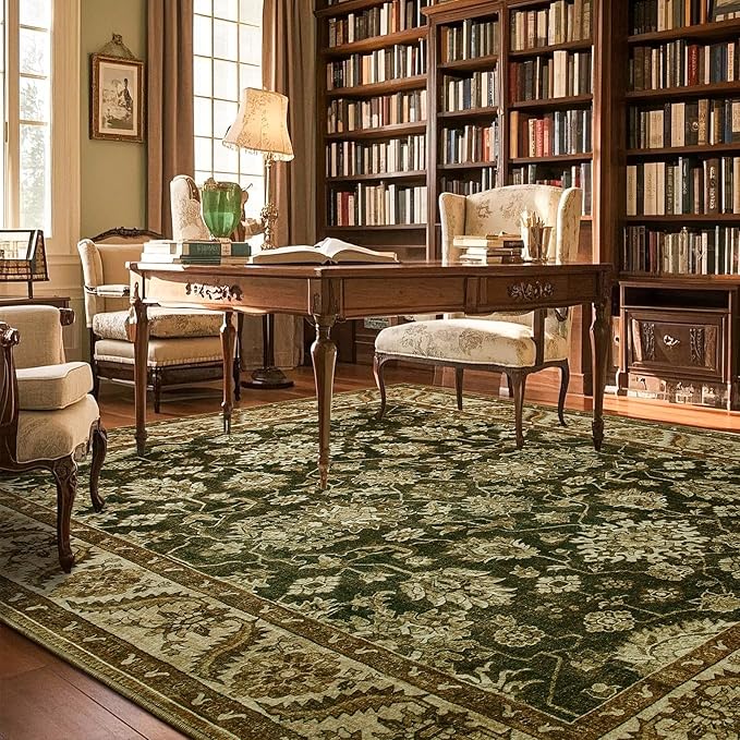 Area Rugs for Living Room, Washable 5x7 Area Rug for Bedroom, Retro Floral Non-Slip Carpet for Nursery Home Office Dining Room Kitchen, Brown and Green