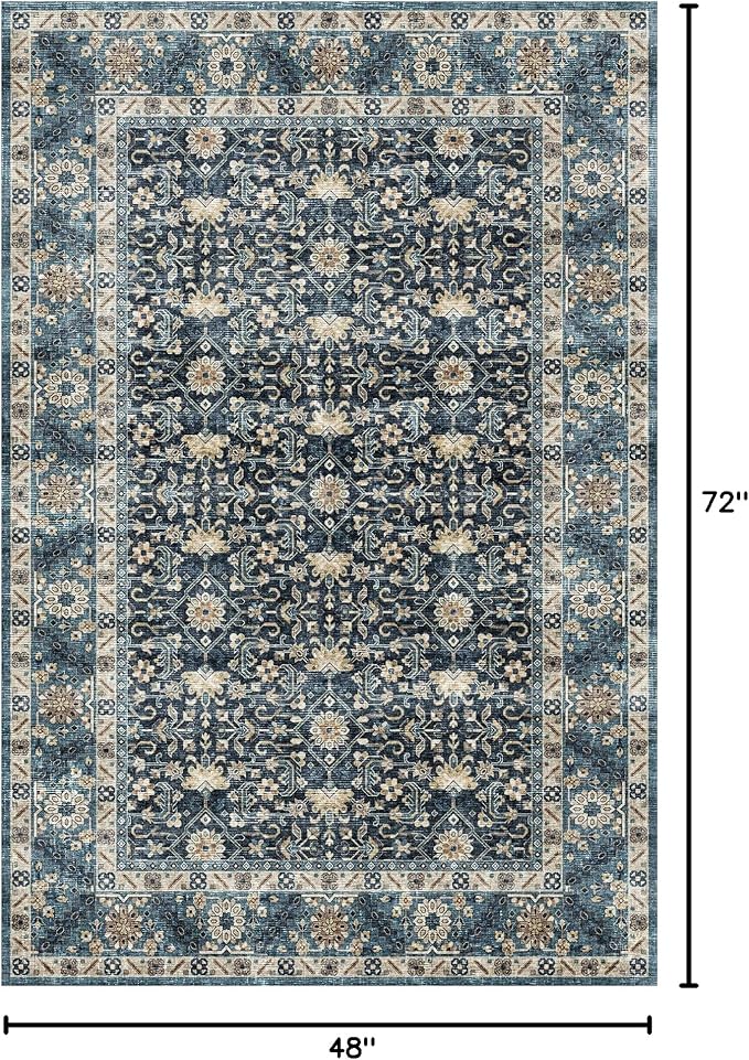 Dripex 4x6 Area Rugs, Machine Washable Non Slip Boho Rugs,Distressed Bedroom Rug, No Pile Lightweight Vintage Rug, Floor Carpet for Living Room,Dining Room and Office,Navy Blue