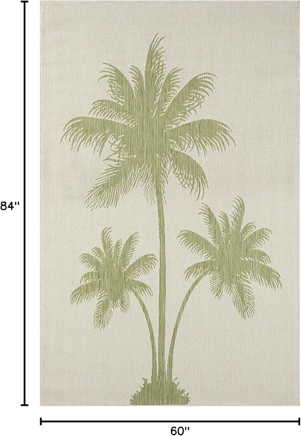 LR Home 5 x 7 Indoor / Outdoor Area Rug for Home Decor | Coastal Palm Tree large size carpet for living room, bedroom, playroom, patio, garden | Modern farmhouse rug | Beige / Dark Green