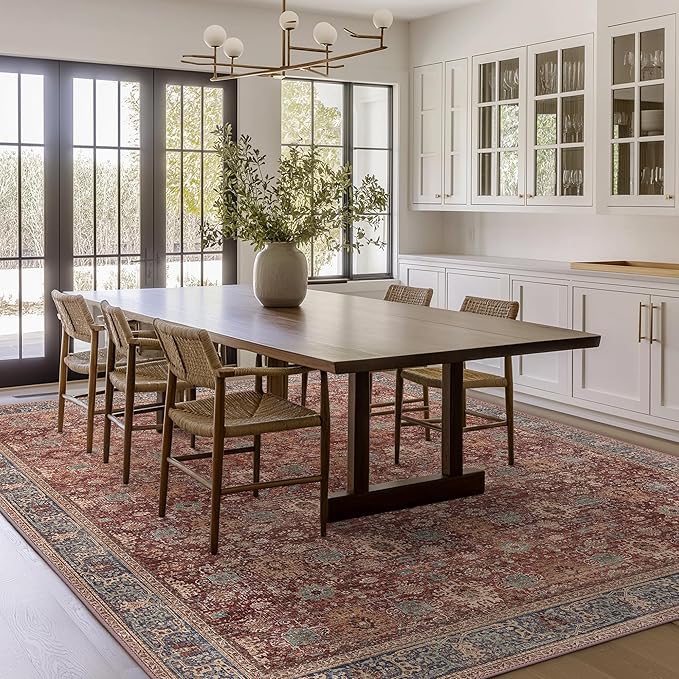 10X12 Area Rugs Machine Washable Rugs for Living Room, Vintage Boho Large Rugs for Bedroom Dining Room, Non Slip Indoor Soft Distressed Lightweight Thin Low Pile Carpet, Red Brown