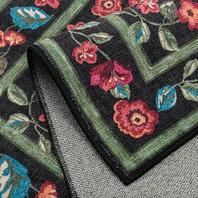 Black Area Rug 4x6 Washable Living Room Non Slip Kitchen Soft Floral Indoor Carpet Vintage Low Pile Accent Throw Rug for Office Dining Room Nursery Bathroom Farmhouse