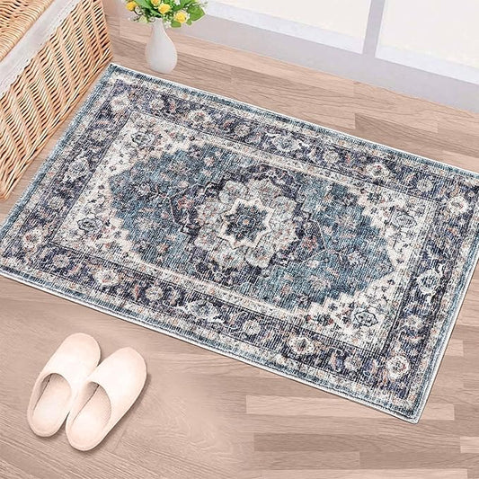 2x3 Machine Washable Area Rugs Boho Vintage Design Rug for Living Room, Bedroom, Kitchen, Soft Non-Slip Indoor Rug, Vintage Blue/Multi-Print Design