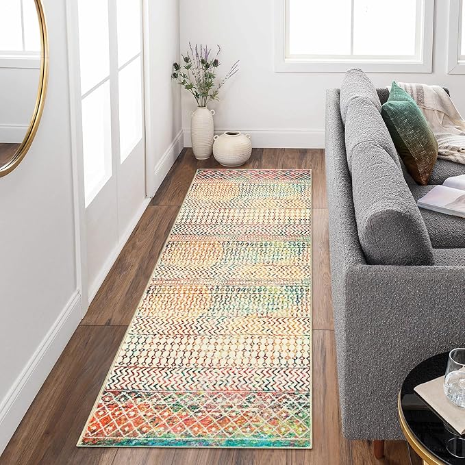 Moroccan Hallway Runner Rug 2x6, Ultra Soft Non Slip Bathroom Runner Rug, Low-Pile Washable Hallway Rug Front Door Mat Neutral Rug for Bathroom Laundry Room Bedroom