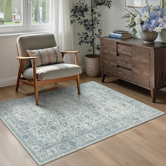 Vintage Area Rug 3x5 Blue Entryway Office Washable Carpet Non Slip Bedroom Indoor Living Room Door Mat Low Pile Traditional Distressed Retro Accent Rug for Dining Room Bathroom Kitchen