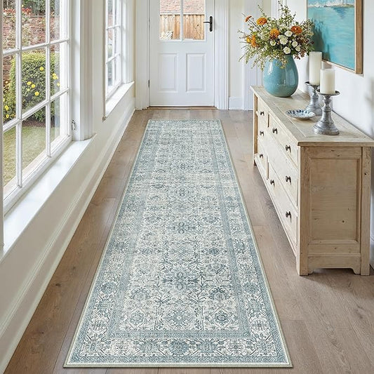 Blue Runner Rug 3x8 Vintage Area Carpet Hallway Long Indoor Kitchen Washable Living Room Low Pile Traditional Distressed Retro Accent Throw Rug Non Slip Laundry Bathroom Office Dining Room