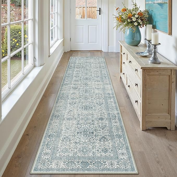 Blue Runner Rug 2x7 Vintage Area Carpet Hallway Long Indoor Kitchen Washable Living Room Low Pile Traditional Distressed Retro Accent Throw Rug Non Slip Laundry Bathroom Office Dining Room