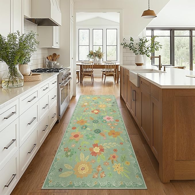 Bavni 2x5 Runner Rug, Foldable Floral Rugs for Hallways Kitchen Bedroom Kids Room, Lightweight Machine Washable Non Slip Rubber Rugs Backing, Ultra-Thin Aesthetic Boho Green