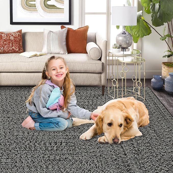 Washable Area Rugs 9x12 Rug Living Room Rug Modern Rugs for Bedroom Blue Geometric Soft Large Area Rug Non Slip Throw Rugs Stain Resistant Carpet for Nursery Dining Room 9'x12' Black/Grey