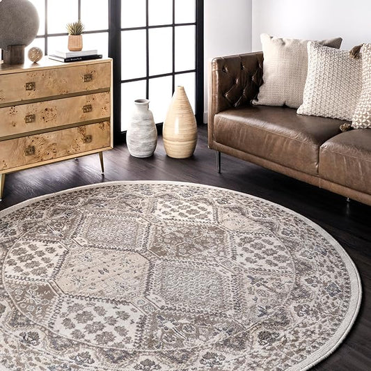 nuLOOM 6 Round Becca Traditional Tiled Area Rug, Beige, Faded Transitional Design, Stain Resistant, For Bedroom, Dining Room, Living Room, Hallway, Office, Kitchen, Entryway