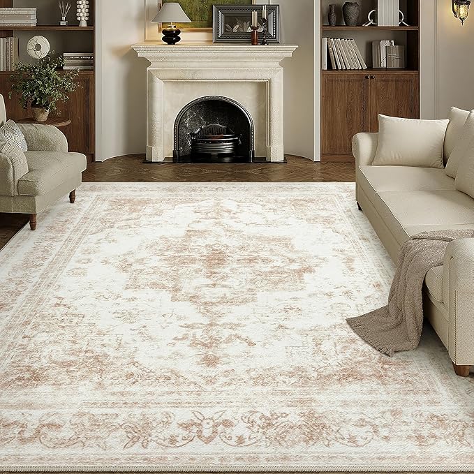 Washable Rug 10x12 Area Rug for Living Room Beige Vintage Boho Medallion Large Distressed Retro Carpet Non Slip Indoor Low Pile Small Soft Bedroom Dining Room Home Office